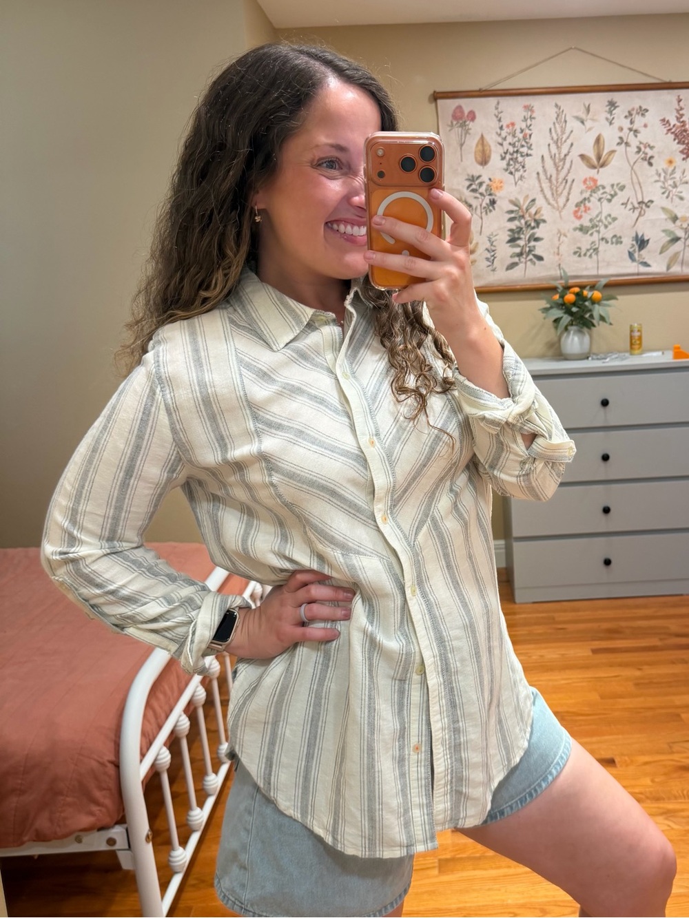 Anthropologie Cream and Gray Striped Button-Down Shirt Small